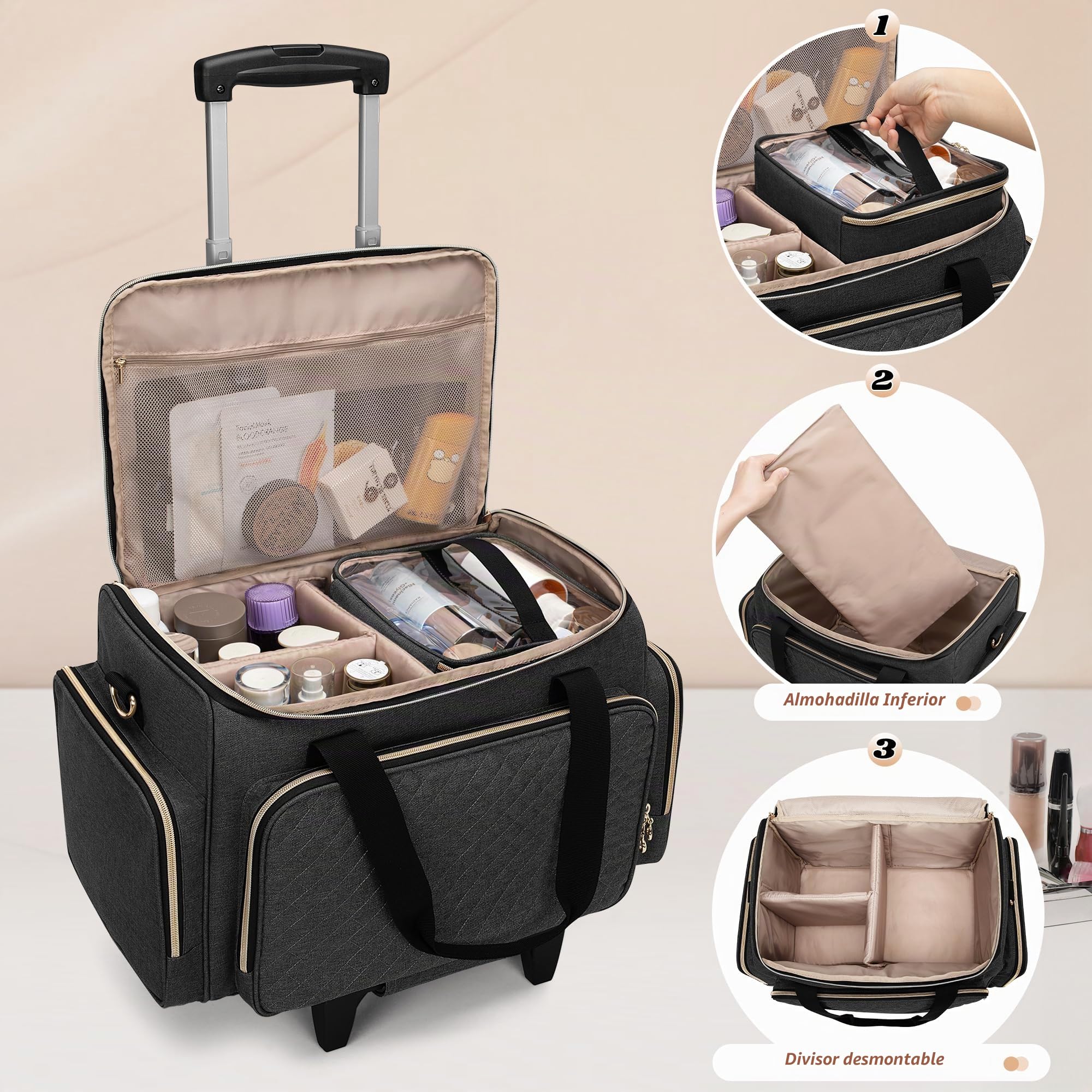 Luxja Estuche de Maquillaje con Ruedas, Bolsa de Cosméticos, Negro | Bolsa de Maquillaje con 3 Bolsas Extraíbles y 1 Bolsa para Brochas de Maquillaje
