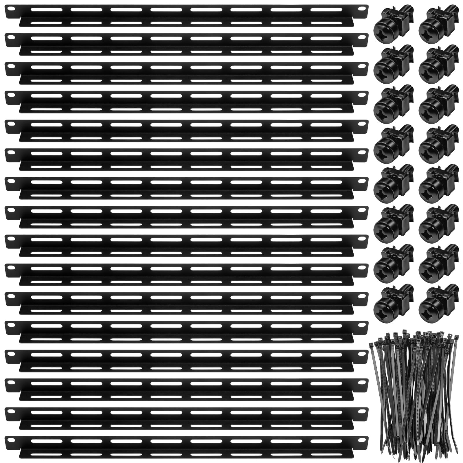 Zonon 16 Sets 1u 19 Inch Server Rack Cable Management Tie Bar Kit Include 16 Pack 1u Bars, 100 Zip Tie, 32 Cage Nuts &amp; 32 Screw Work with Open Frame Enclosure Network Cabinet Mount Wire Management