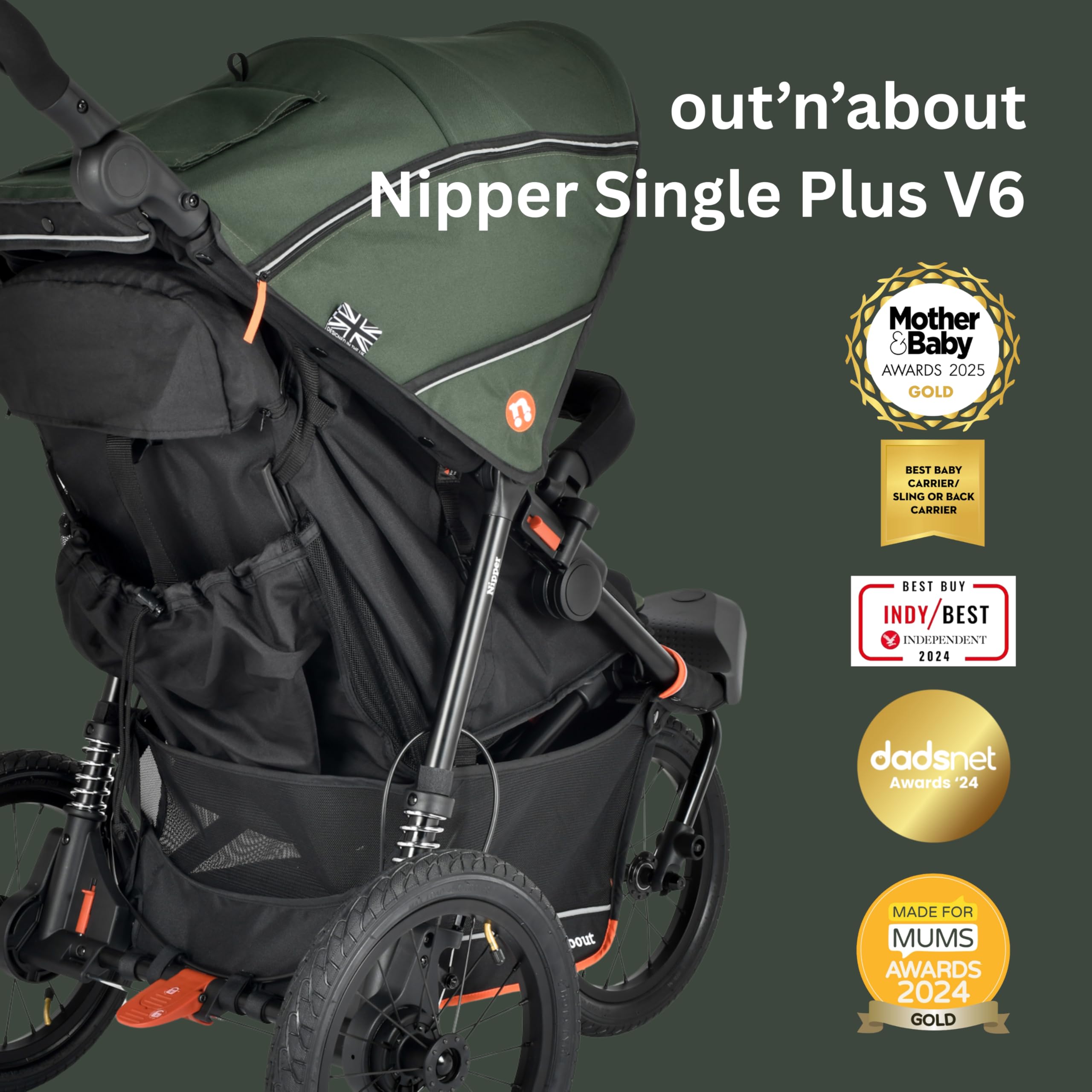 Out'n'About - Passeggino Nipper V6 Plus con parapioggia, leggero e fuoristrada, con ruote da 35,6 cm, freno al manubrio e pieghevole compatto, passeggino certificato per neonati e bambini, colore