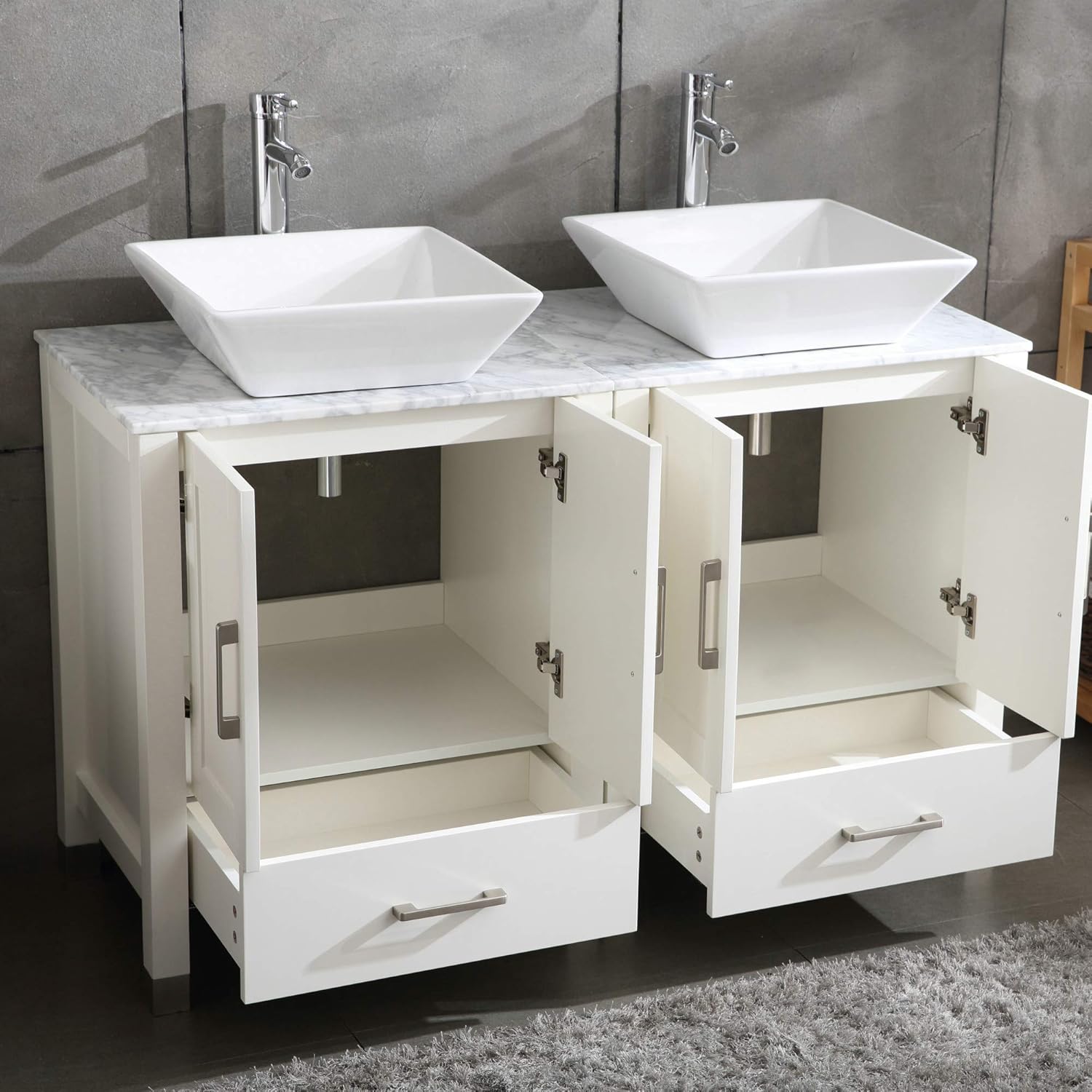 48" Double Sink White Bathroom Vanity Cabinet Solid Wood w/Marble Top,Mirror,Faucet&Drain Set