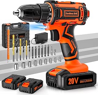 Cordless Drill, 20V Drill Set, 2 Batteries 2000mAh, Electric Screwdriver, 42Nm Electric Power Drill Driver, 25+1 Torque, 2 Speed, LED Light, 24 Accessories, Battery Combi Drill for Home & DIY Project