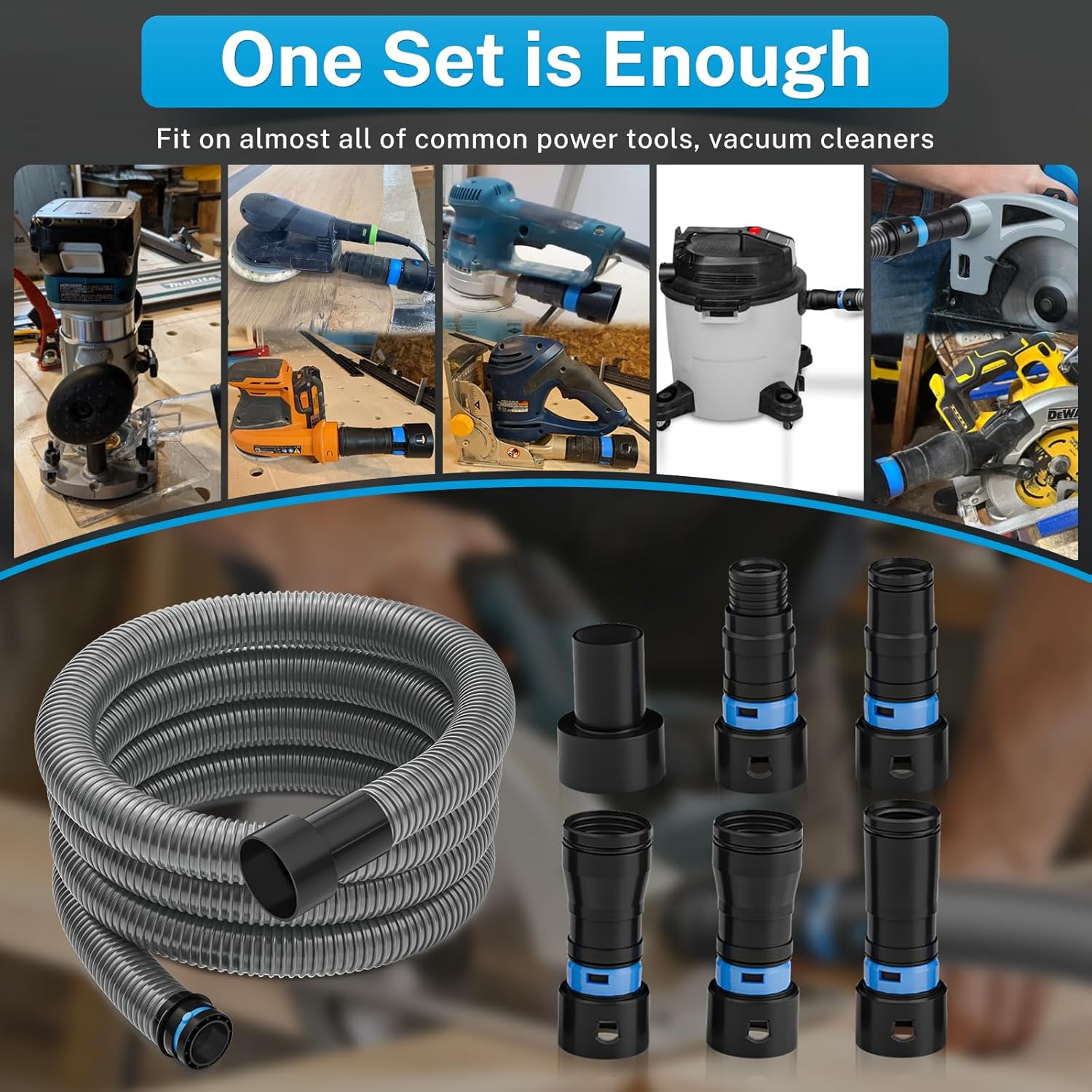 Hon&Guan 10 Ft Shop Vac Hose Kit with Quick-Connect Adapters, Flexible 1 ¼″ Vacuum Hose Compatible with Home & Shop Vac, Expanded Multi-Brand Power Tool Adapter Set (1¼″ to 2 ¼″)