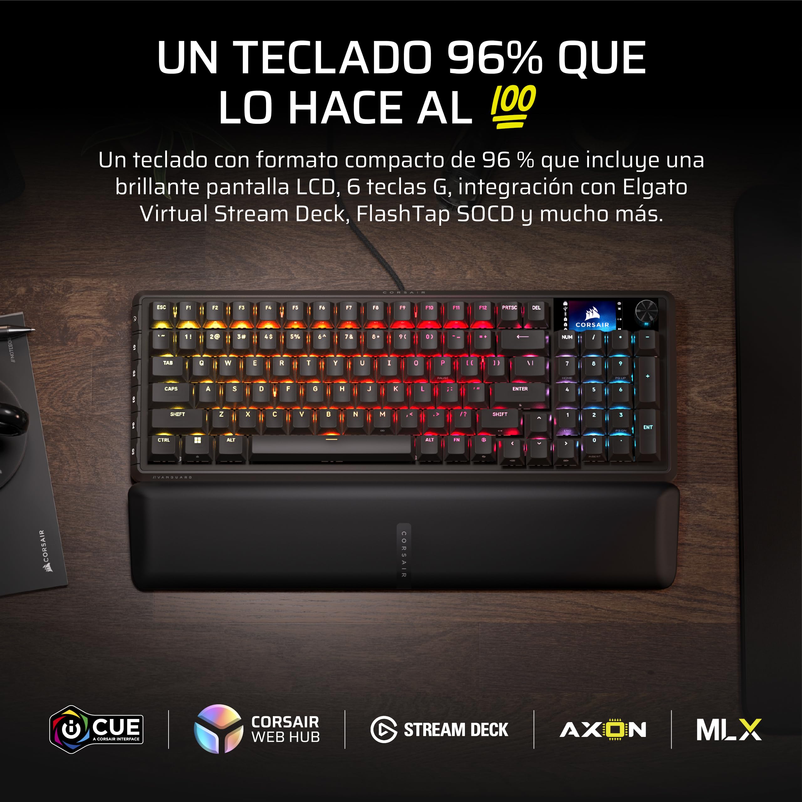 Corsair Vanguard 96 Teclado Mecánico con Cable para Juegos– Formato 96%, Interruptor Lineal de Plasma MLX, 8000Hz, Pantalla LCD, Virtual Stream Deck, Botones G, Flashtap SOCD, QWERTY ES – Negro - 3