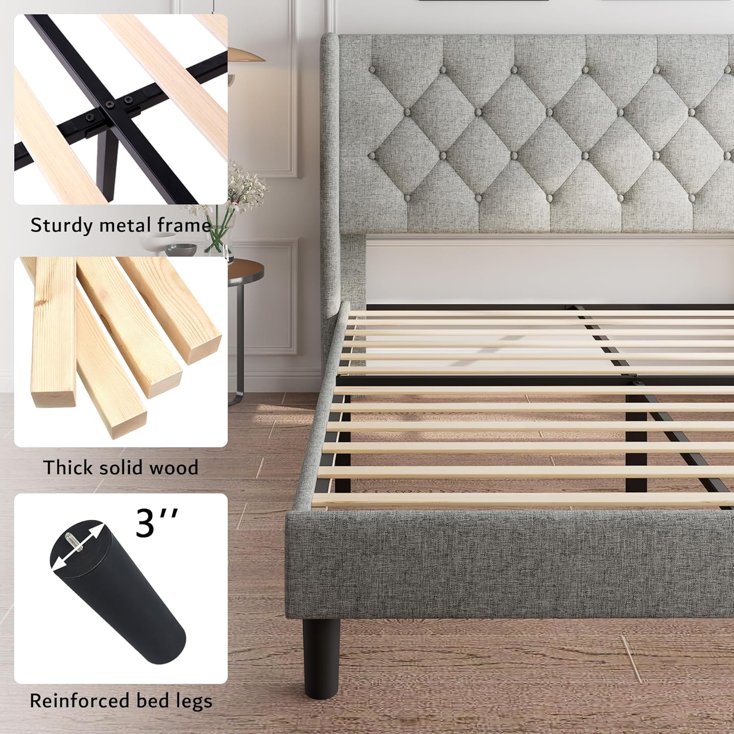 Detailed view of bed frame construction showing sturdy metal frame, thick solid wood slats, and reinforced bed legs