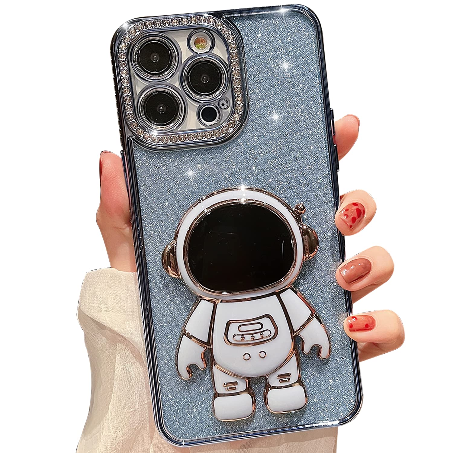 FinyoseeCompatible with iPhone 14 Pro Max Case,Glitter Rhinestone Bling Diamond Sparkle Bumper and Camera Lens Design Clear Phone Case with Cute Plating Astronaut Hidden Stand for Women Girls-Blue