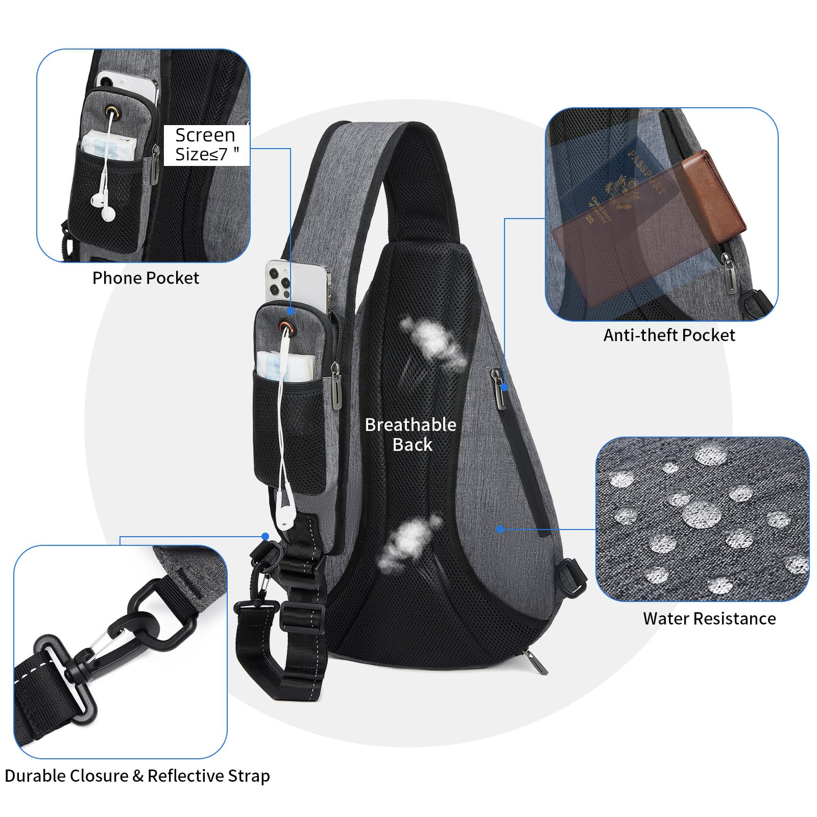 TUDEQU Zaino Monospalla per Uomini, Zaino a Tracolla con 8 Tasche, Borsa a Tracolla da Uomo da 19L, Pacchetto a Tracolla