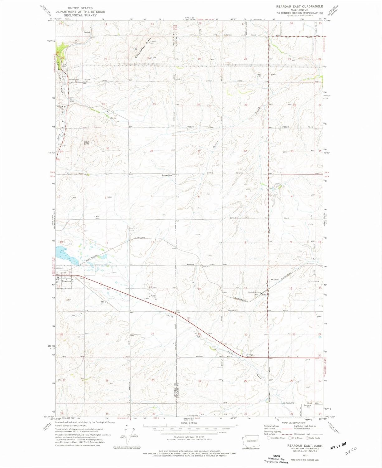 Washington Maps 1973 Reardan East, WA USGS Historical