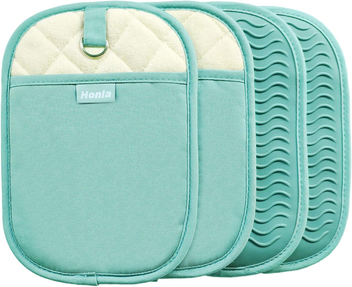 Honla 4 Piece Rectangular Pot Holders with Pockets,Heat Resistant to 500 F,Flexible Non Slip Silicone Grip Hot Pads,Teal