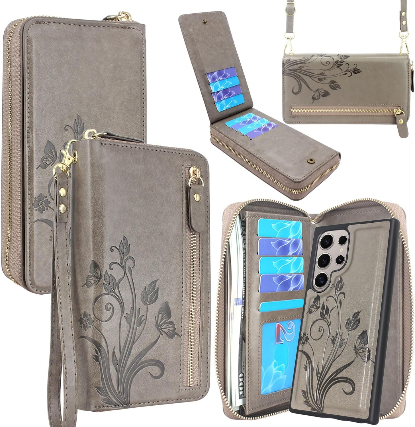 Lacass Wallet for Samsung Galaxy S24 Ultra 6.8 inch 2024, Crossbody Dual Zipper Detachable Magnetic Leather Wallet Case Cover Wristlets Wrist Strap 13 Card Slots Money Pocket (Floral Gray)