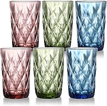 ZENFUN 6 Pack Colored Drinking Glasses, 12 Oz/350ML Embossed Glass Tumblers, Vintage Romantic Water Glassware, Diamond Glass Cups Beverages Tumbler Set for Juice, Beer, Cocktail, Dinner Party Decor, Pink, Green, Blue