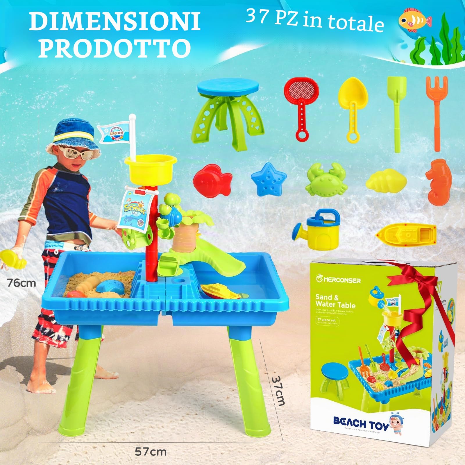 KNASON Tavolo Sabbia e Acqua per Bambini,2 in 1 Tavolo Acqua Bambini con 37 Pezzi di Accessori per Il Tavolo Acqua, Giochi Acqua Bambini Esterno sulla Spiaggia del Cortile per Bambini 3 4 5 6 8