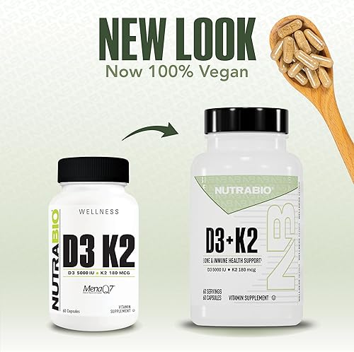 Miniatura 2 de NutraBio Vitamina D3 K2 | 5000 UI D3 como colecalciferol con vitamina K2 como MENA-Q MK7 (180 mcg) | Apoya la salud ósea y cardíaca | Sin OMG, sin