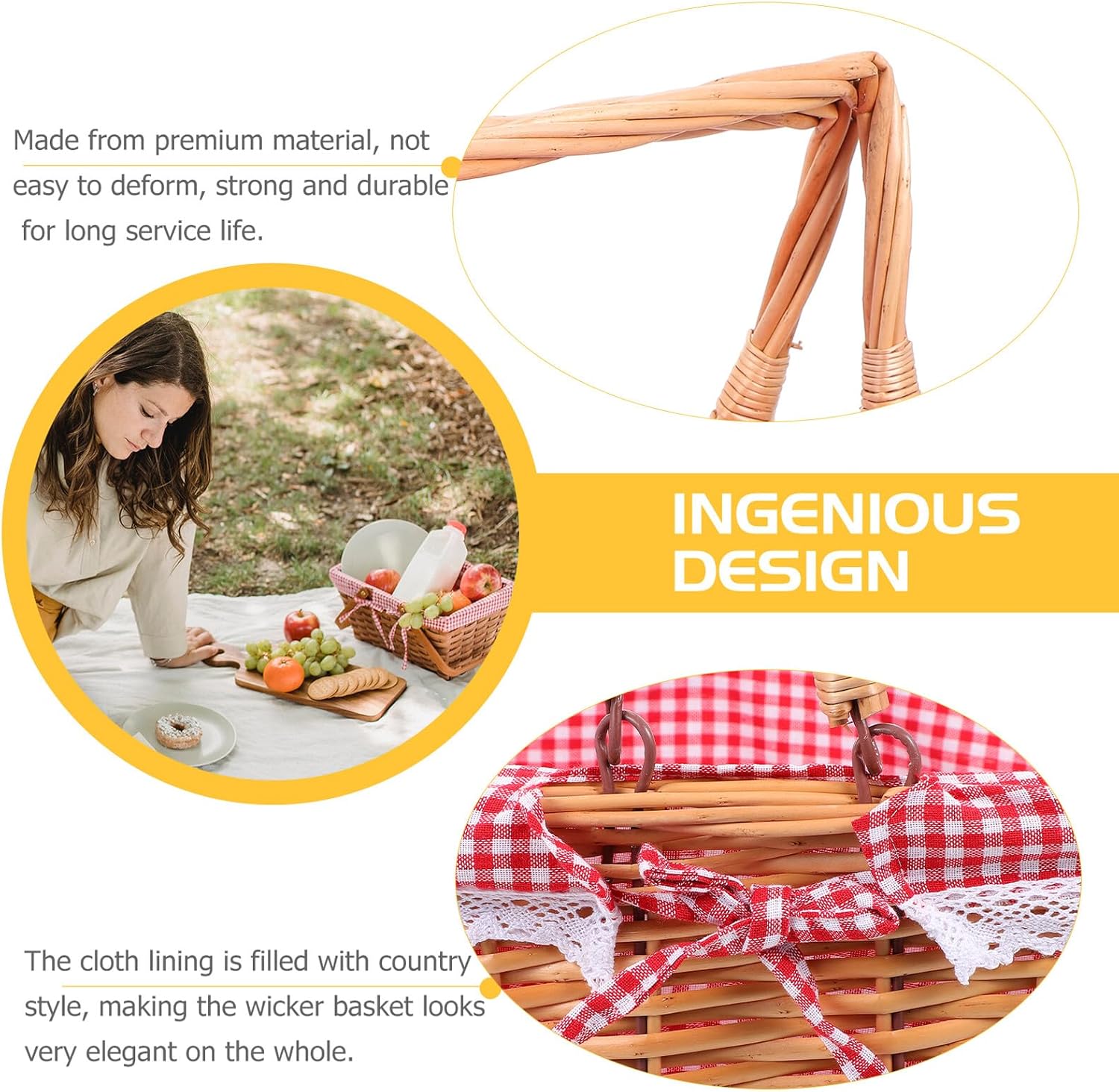 Wicker Picnic Basket Red White Checkered Liner Outdoor Willow Storage Basket for Camping and Travel