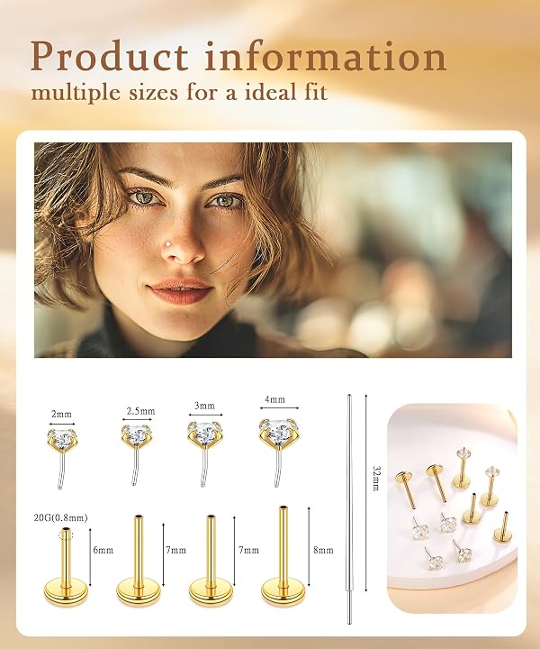 Tomovely Nose Studs Lip Rings Labret Tragus Piercing Jewelry Flat Back Cartilage Stud Earrings for Women Gold Plated by Tomovely - Used condition - Image 3