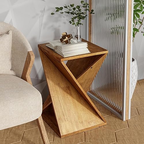 Miniatura 8 de COZAYH Mesa auxiliar rústica de estilo geométrico con base en X torcida, mesa auxiliar cuadrada moderna para sala de estar, dormitorio u oficina,