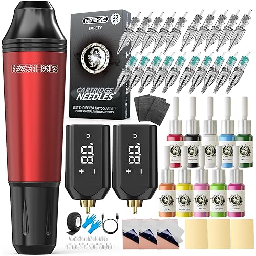 Wormhole Wireless Tattoo Machine Kit 2PCS Wireless Tattoo Power Supply 20 Cartridge Needles Rotary Tattoo Practice Machine Kit Complete Tattoo Gun Set 10 Tatttoo Ink for Beginners and Tattooist