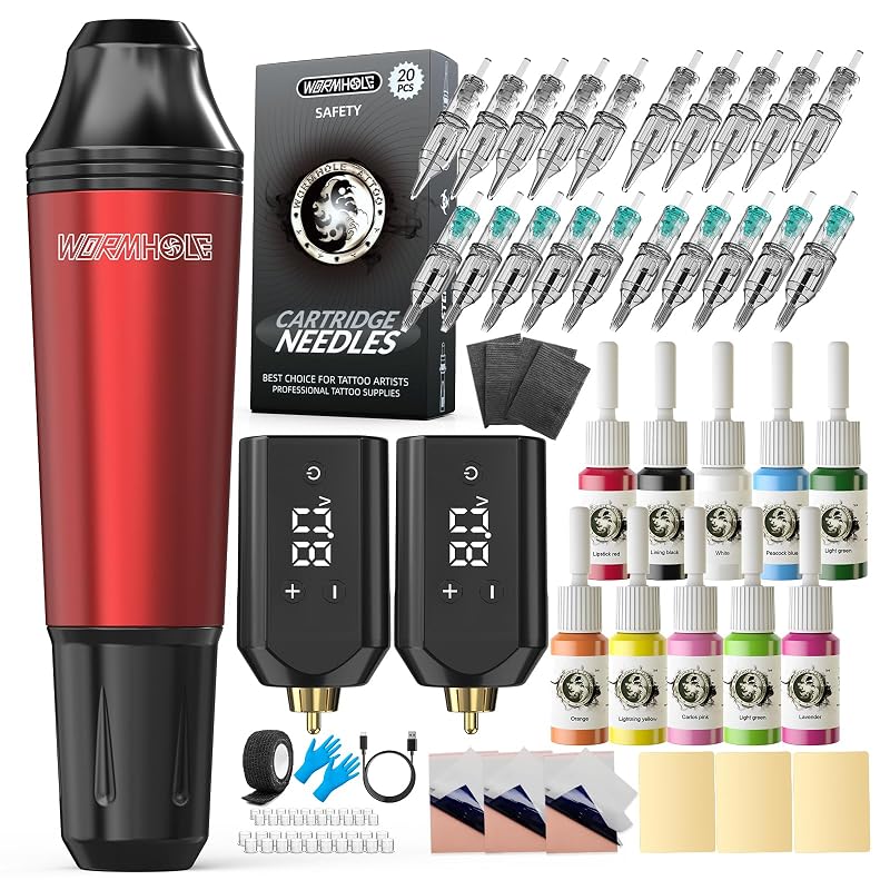 Kit de Máquina de Tatuagem sem Fio Wormhole Tattoo com 2 Fontes de Alimentação