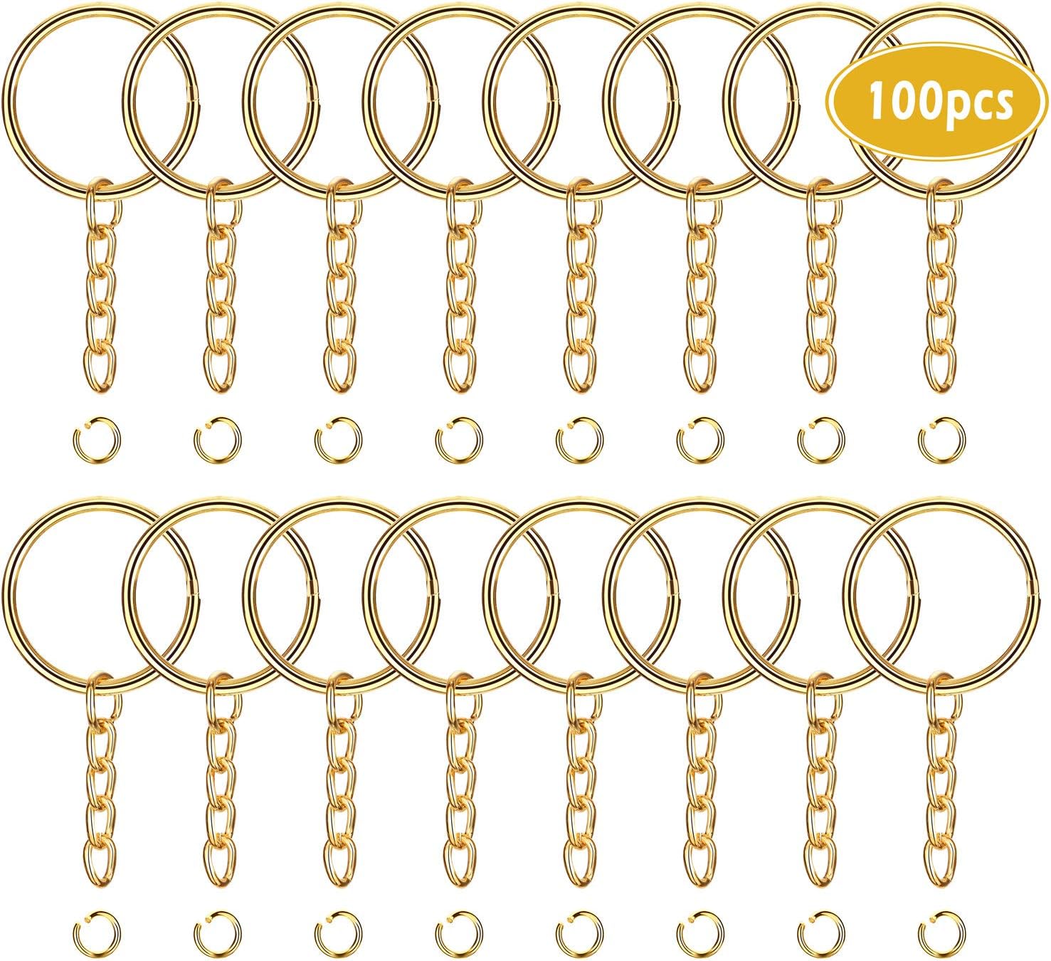 JEWMAY 100Pcs Split Key Chain Rings with Chain and Jump Rings Bulk for Crafts Supplies 1 Inch - Gold Color