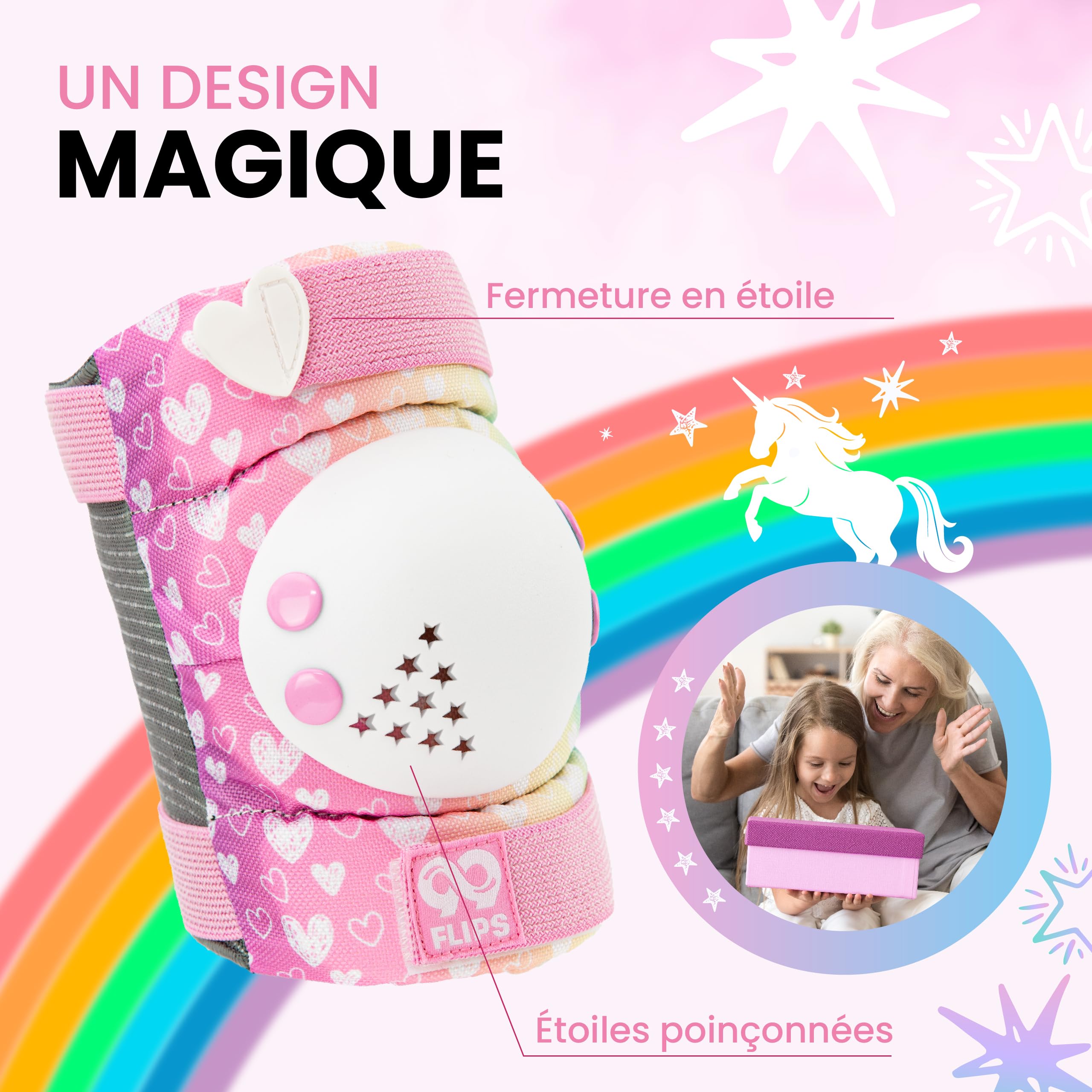 99FLIPS Protection Roller Enfant Fille - 6pcs Set Licorne - Genouillère Enfant avec Sac de Transport - Protection Skateboard Trotinette, Skate & Freestyle BMX avec Coude Rainbow