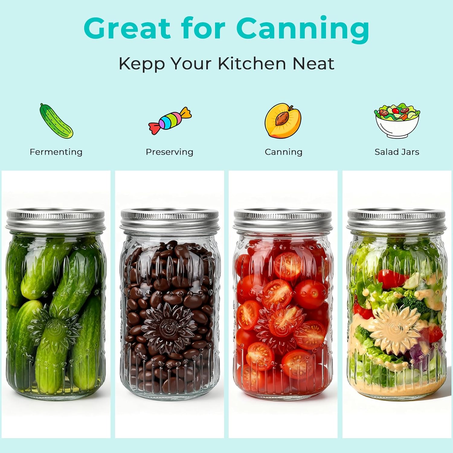 CycleMore Wide Mouth Mason Jars 32oz, 12Pack Glass Canning Jars with Metal Airtight Lids and Bands, 1Quart Large Food Canister forJam Making, Pantry Organization & Party Decor