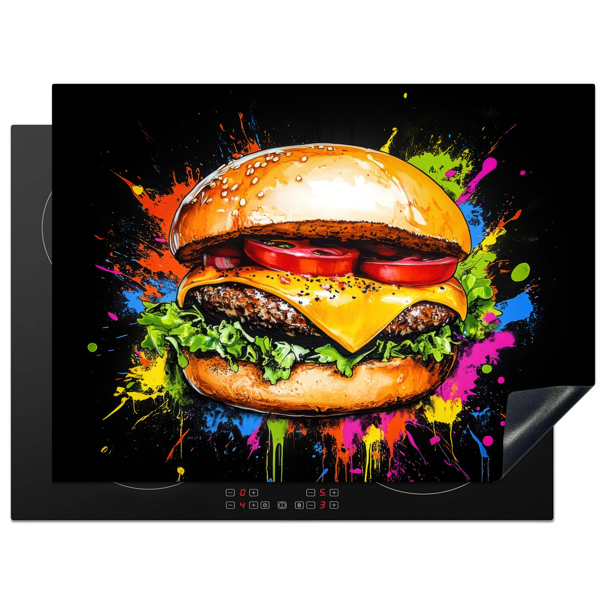 KitchenYeah© Induction Hob Cover Protector Mat 20.5"x27.6" / 70x52 cm Kitchen Universal Ceramic Covers for Electric Cookers Vinyl Hamburger - Graffiti - Paint - Colourful - Food - Abstract