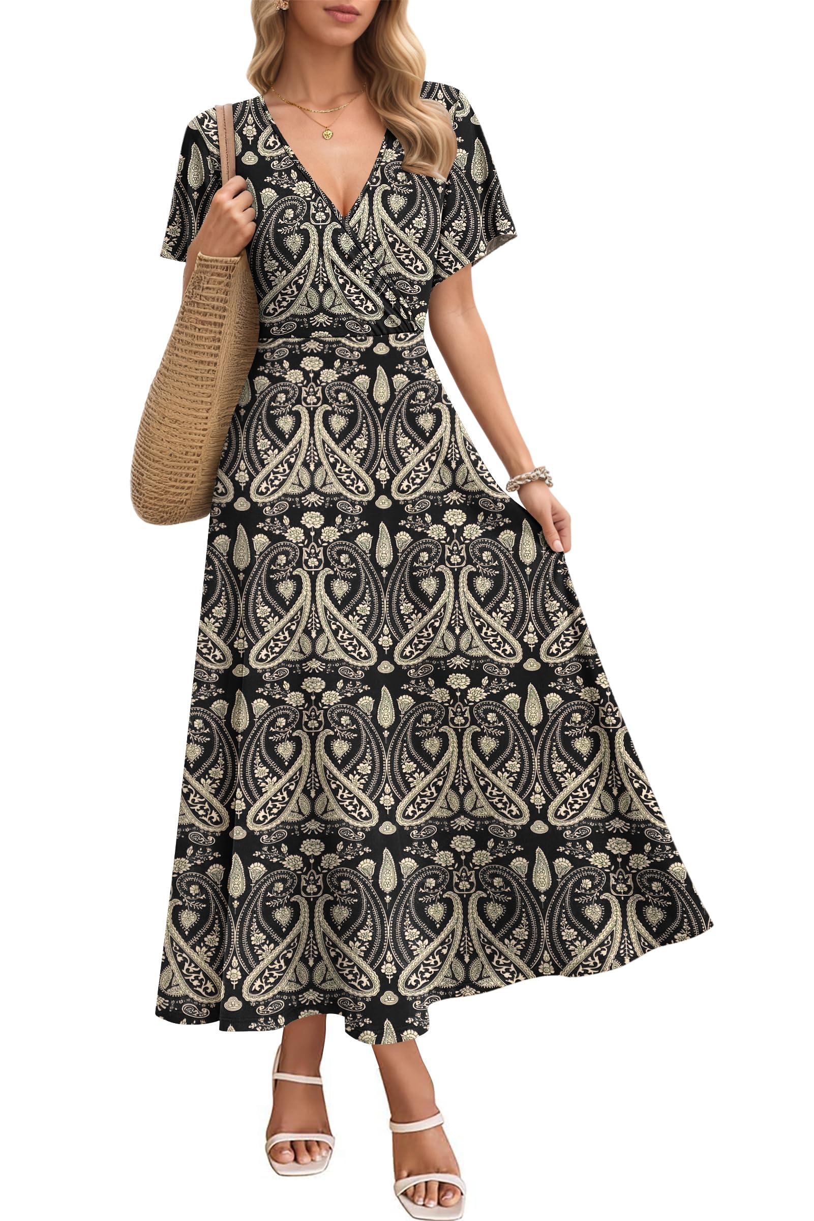 AUSELILY Abito Lungo da Donna Italia, Abito Elegante a Maniche Corte a Collo a V, Abito Estivo con Tasche