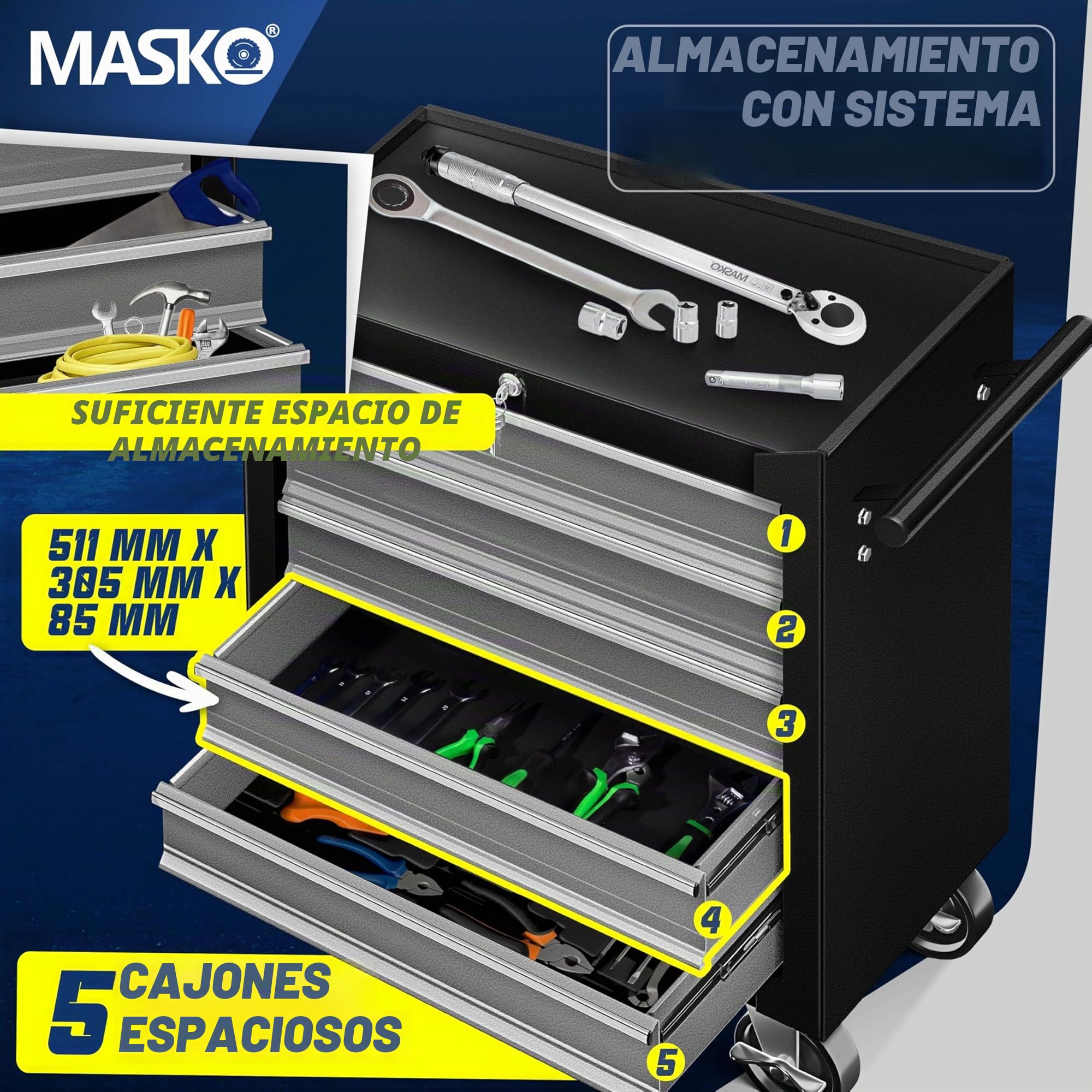 MASKO® Carro de taller - 5 cajones, con cerradura | Metal macizo | Carro de herramientas móvil sin herramientas | Carro de taller profesional sin equipamiento | Carro con ruedas para almacenamiento de