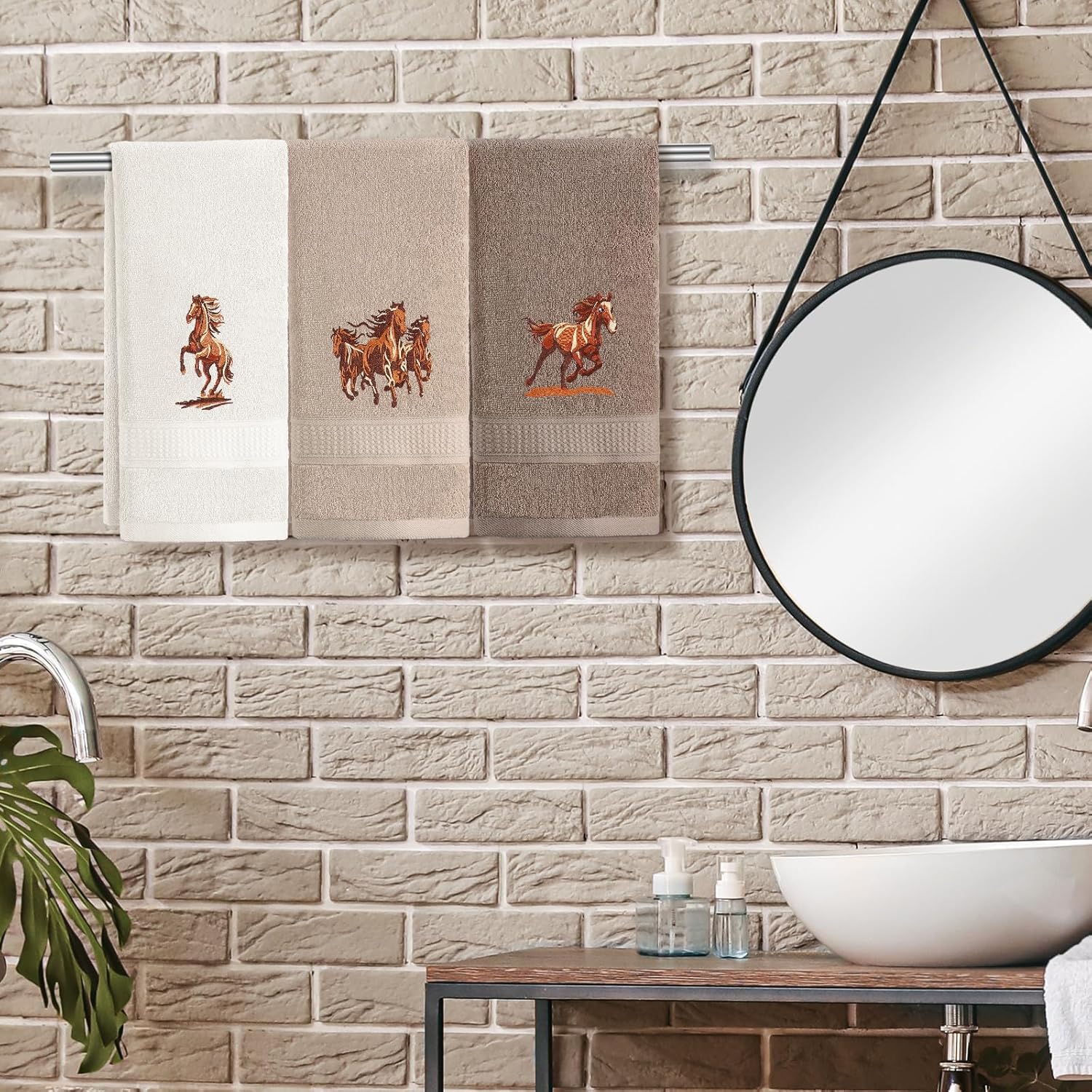 3 Pcs Western Horse Hand Towels Set for Bathroom 100% Cotton Embroidered Decorative Equestrian Horse Themed Gifts Farmhouse Towels for Bathroom Kitchen Decor 13. 3 x 29. 5'' - Image 3