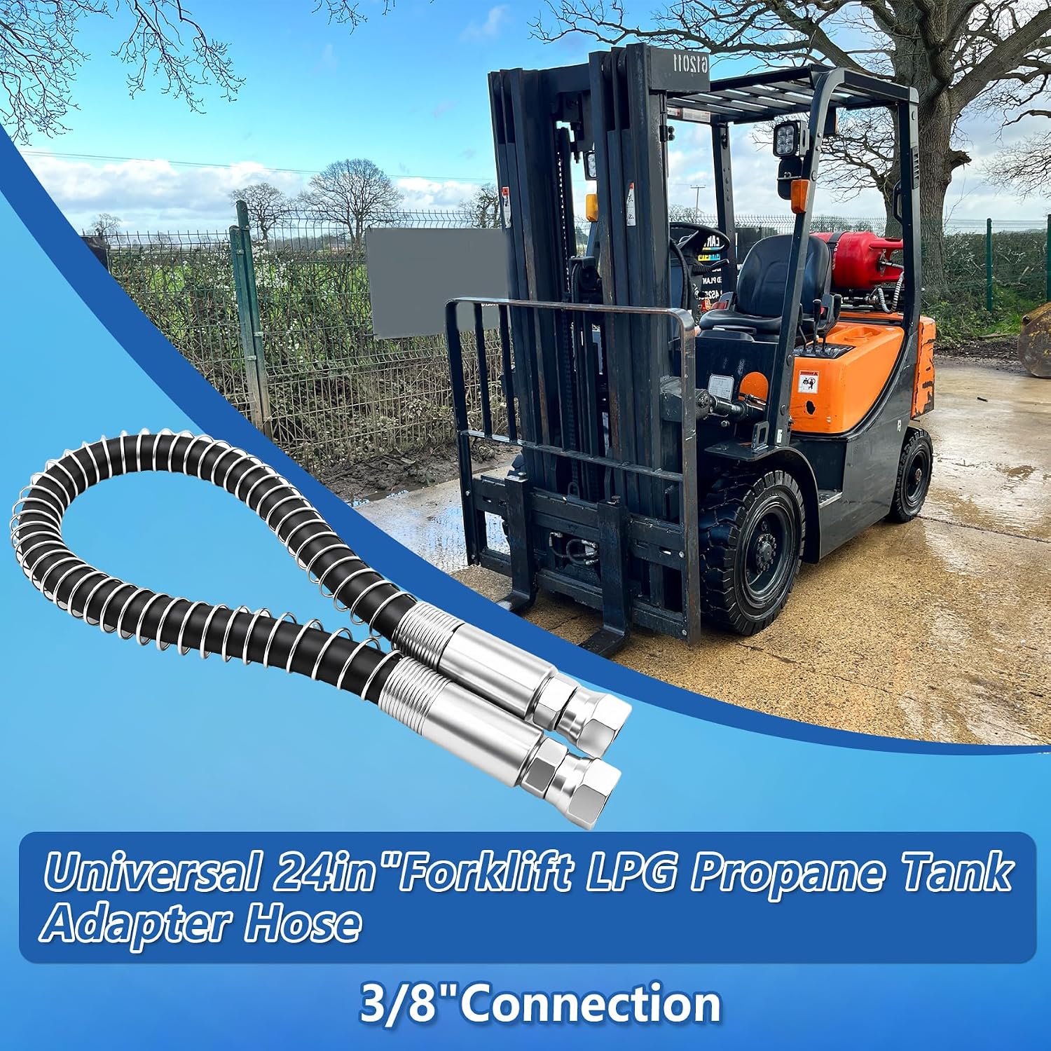 Universal 24" Forklift LPG Propane Tank Adapter Hose, 3/8 Inch Connection with Steel Spring Guard