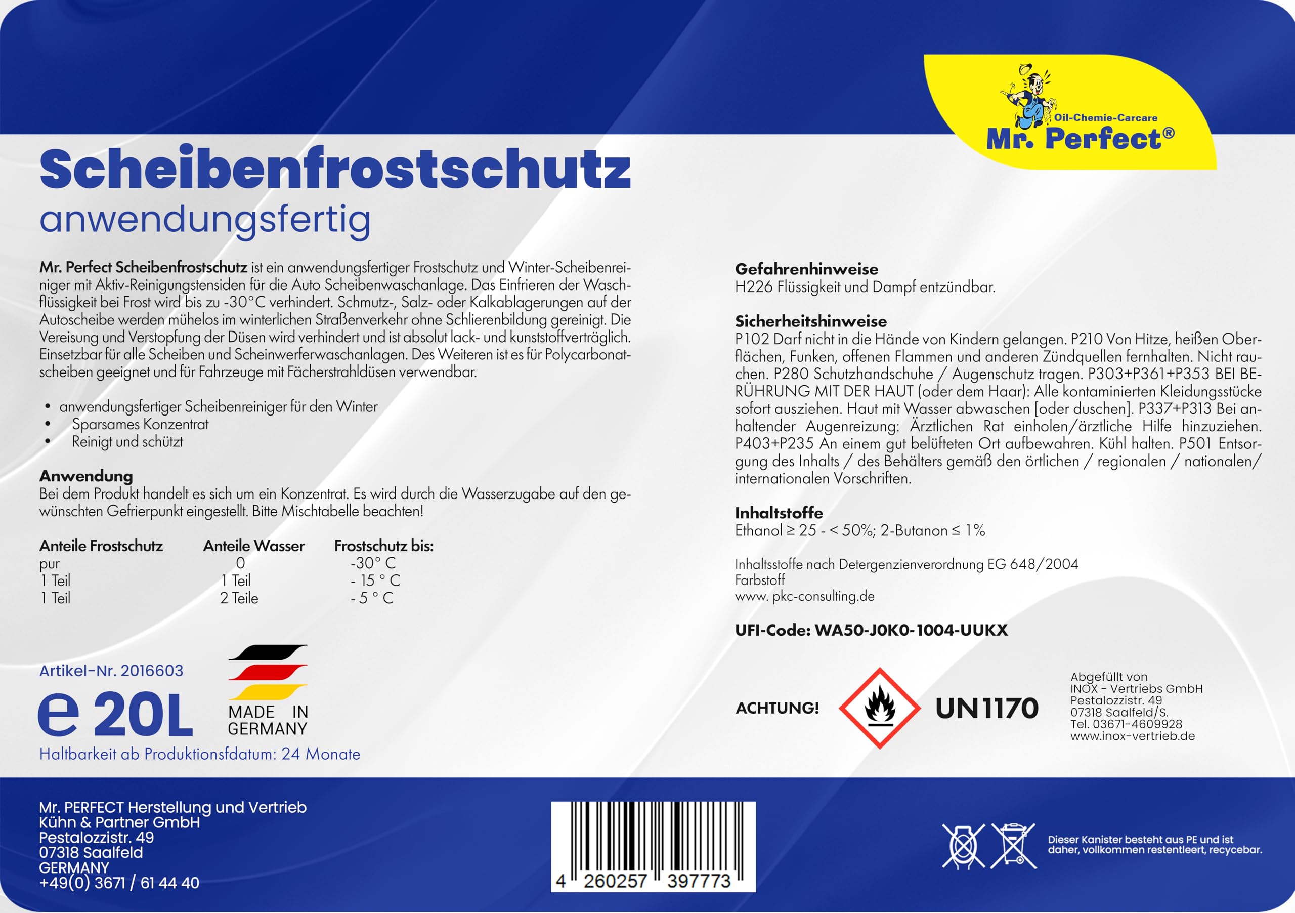 Mr. Perfect Scheibenfrostschutz 20L – Hocheffektiver Scheibenwasser Frostschutz bis -30°C - Sofort einsatzbereit - Absolut schlierenfreie Reinigung – Angenehmer Citrusduft geliefert in 4x5L