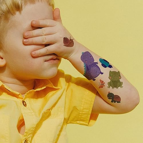 Miniatura 6 de Tatuajes temporales de animales con purpurina para niños, 30 hojas de calcomanías falsas de animales salvajes, tatuajes pequeños impermeables para