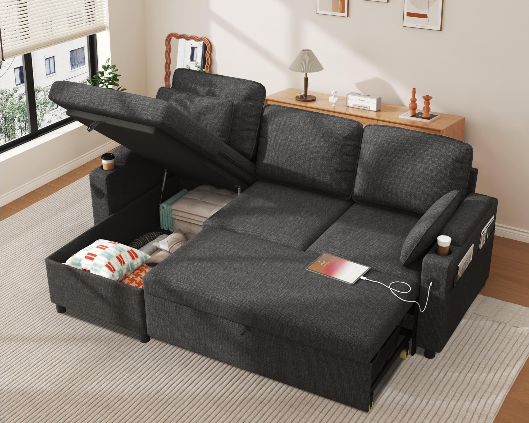 DURASPACE Sofa Bed, Sleeper Sofa Couch with Pullout Bed for Living Room, L Shaped Couch with Storage Chaise, USB, Cup Holder (Dark Gray)