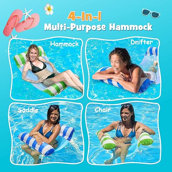 LATERN 130CM Swimming Pool Float Hammock, 4-in-1 Saddle/Lounge Chair/Hammock/Drifter Inflatable Float Bed Raft Recliner Beach Hot Tub Mat (Blue)