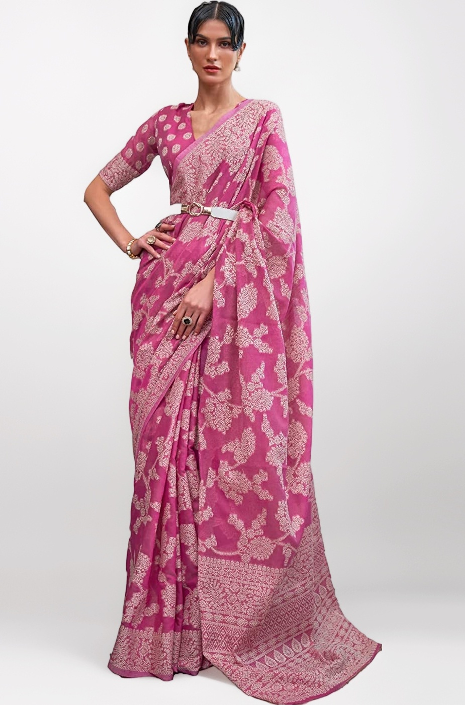 SWORNOF Women's Lucknowi Chikankari Linen cotton Woven Sarees For Women with Blouse sarees for Women