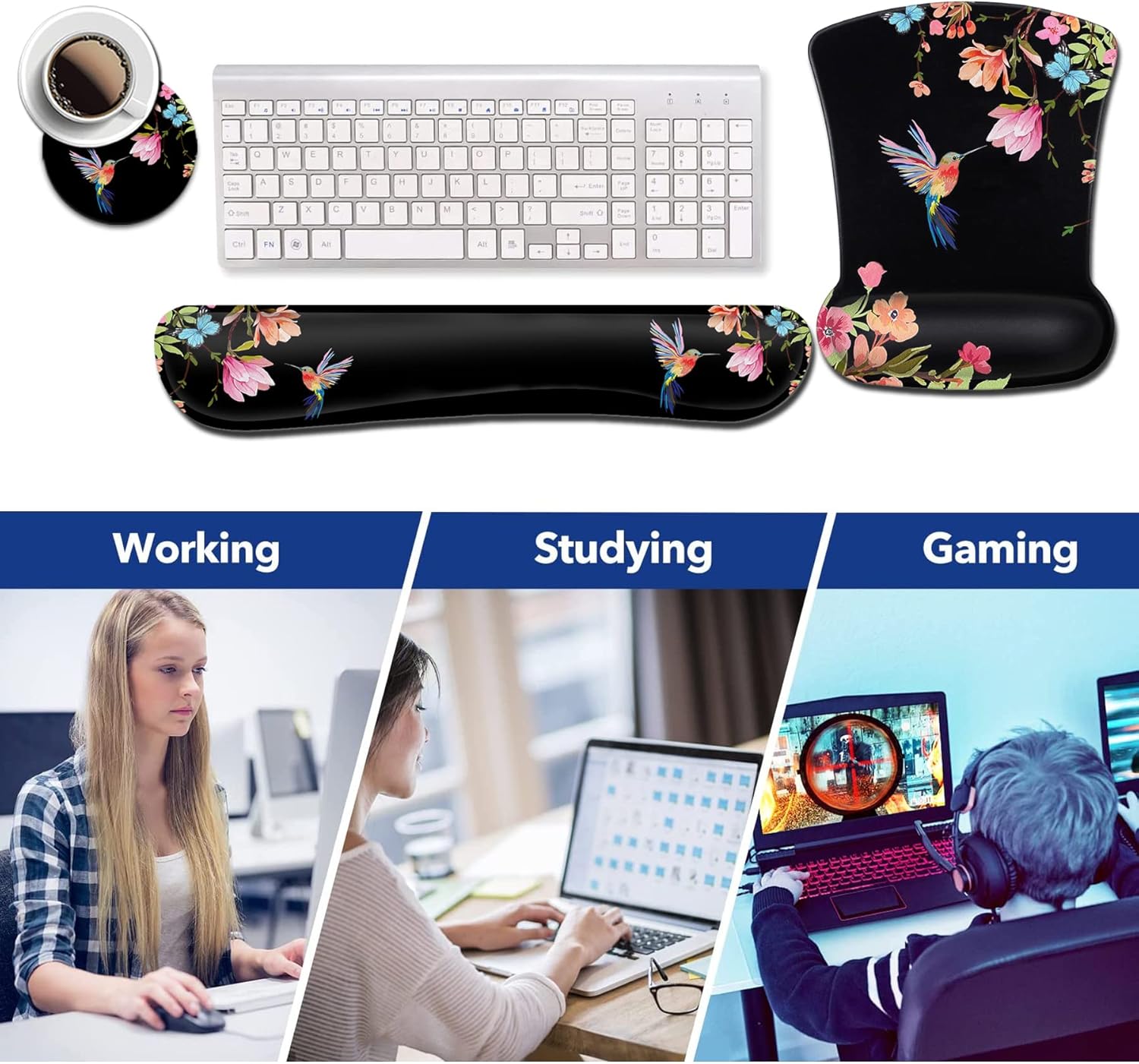 Ergonomic Mouse Pad with Gel Wrist Rest Support, Gaming Mouse Pad with Cloth, Non-Slip PU Base for Computer, Home, Office, Memory Foam Keyboard Wrist Rest Support, Hummingbird Watercolor Flower