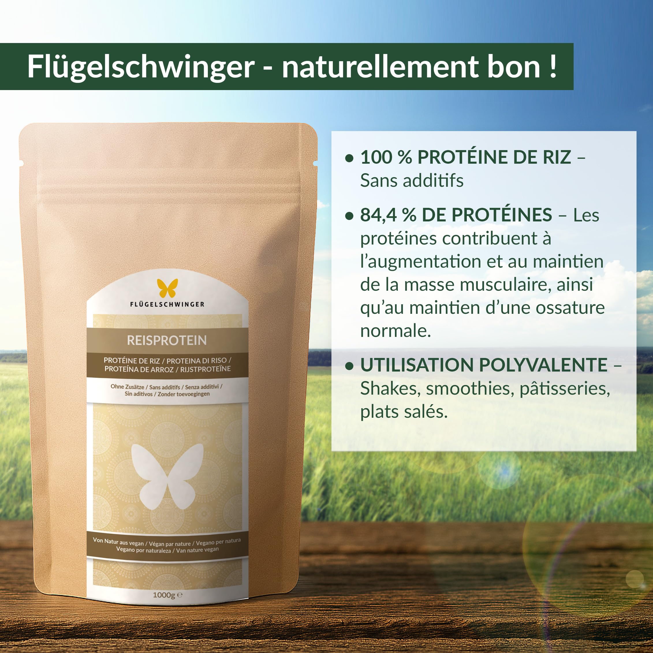 1 kg de protéine de riz avec 84,4% de protéines, sans additifs, naturellement végan, sans soja (1000g)