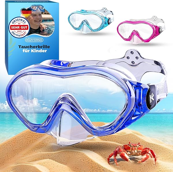 KIDVERSE Taucherbrille Kinder mit Nase - CE & Dermatest geprüfte Kinder Taucherbrille mit Stoffband oder Silikonband - Tauchmaske ab 5 Jahre für Mädchen & Jungen - Bequeme Kindertaucherbrille