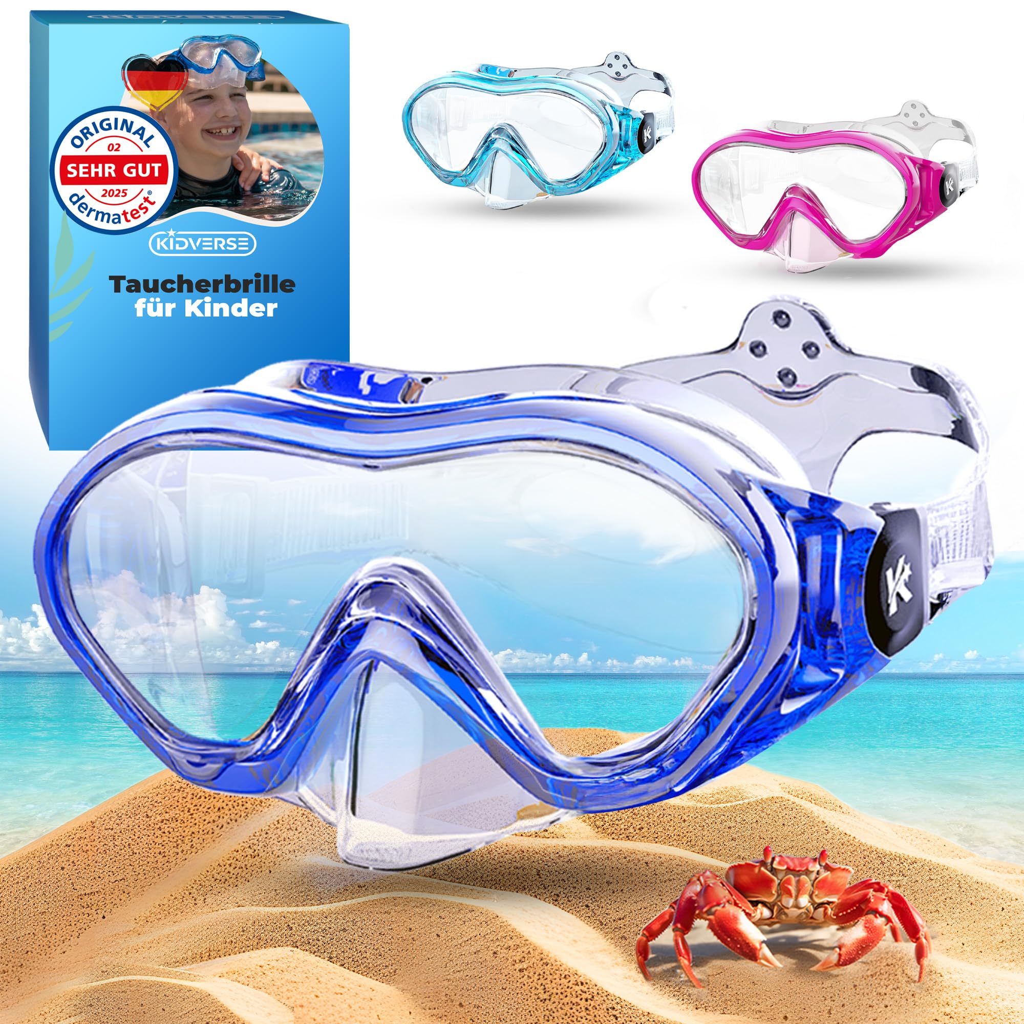 KIDVERSE Taucherbrille Kinder mit Nase - CE & Dermatest geprüfte Kinder Taucherbrille mit Stoffband oder Silikonband - Tauchmaske ab 5 Jahre für Mädchen & Jungen - Bequeme Kindertaucherbrille