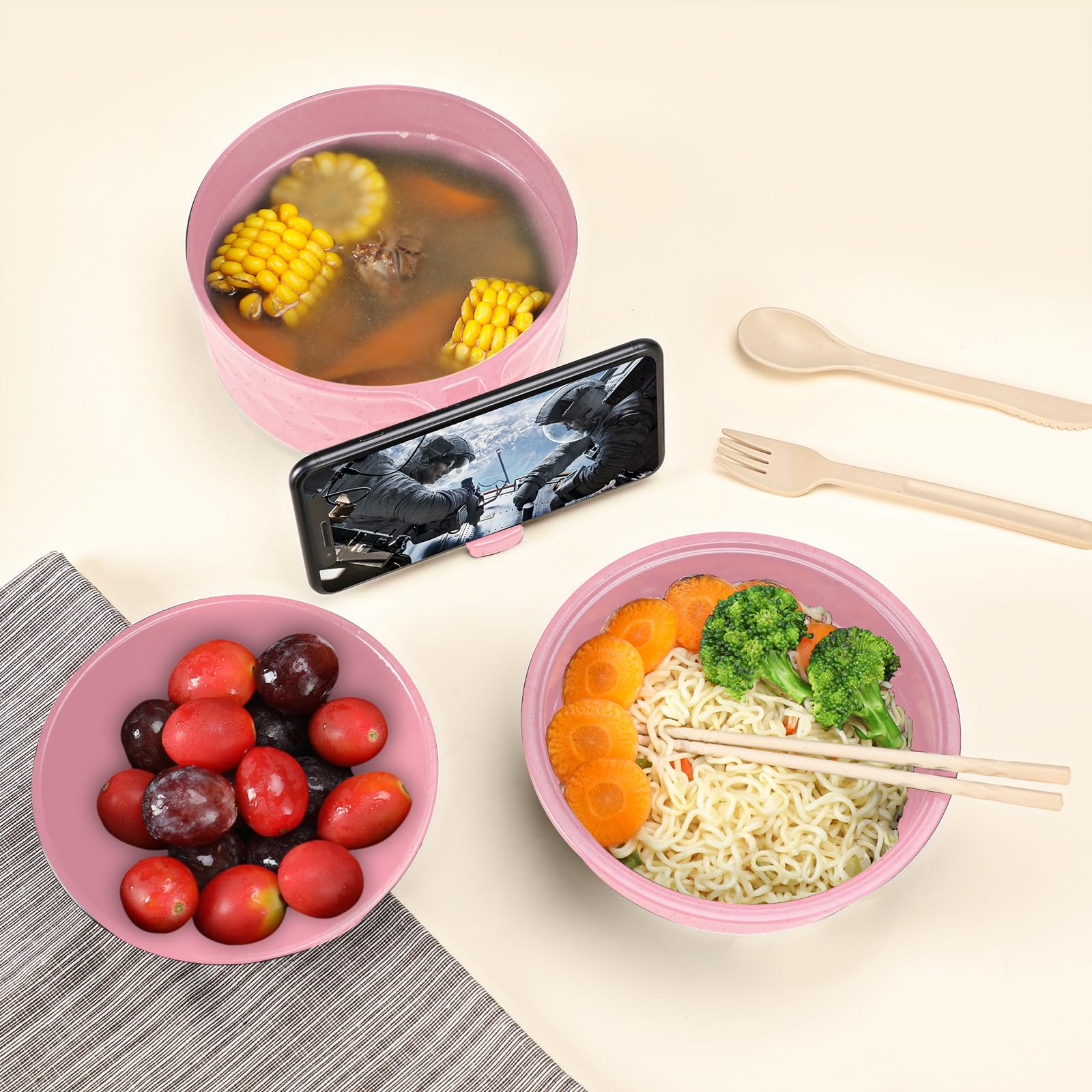 RORBAM Microwave Ramen Cooker,Ramen Bowl With Chopsticks and Spoon,For Office College Dorm Room Essentials Instant Lunch Ideal for Shin and Buldak Noodle On The Go, Dishwasher-Safe,BPA-Free. (Pink)