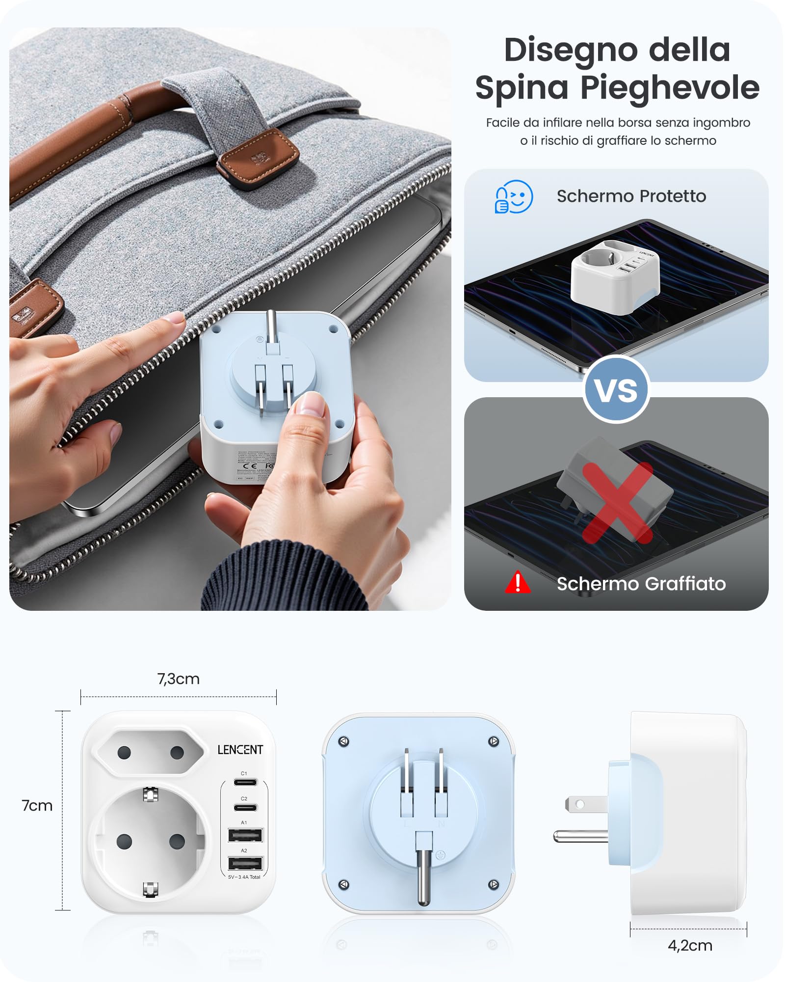 LENCENT Adattatore da Viaggio Tipo A e Tipo B con USB-C Pieghevole, Presa UE a Spina US per Stati Uniti