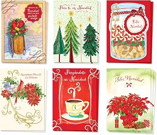 Designer Greetings 12 Spanish Language Christmas Greeting Cards with Envelopes, Feliz Navidad (6 Assorted Designs, 2 Each) – Perfect for Christmas Gatherings, Noche Buena and Classroom Celebrations