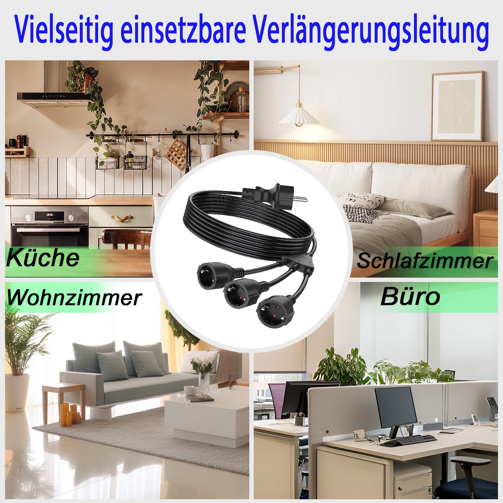 Schutzkontakt Verlängerungskabel, Steckdose Außenbereich für Doppelstecker 3 Fach, 3x1,5mm² Kupfer, 250V/13A, Wasserdicht IP44 für draußen Haushalt, Büro, Garten, 10M Schwarz