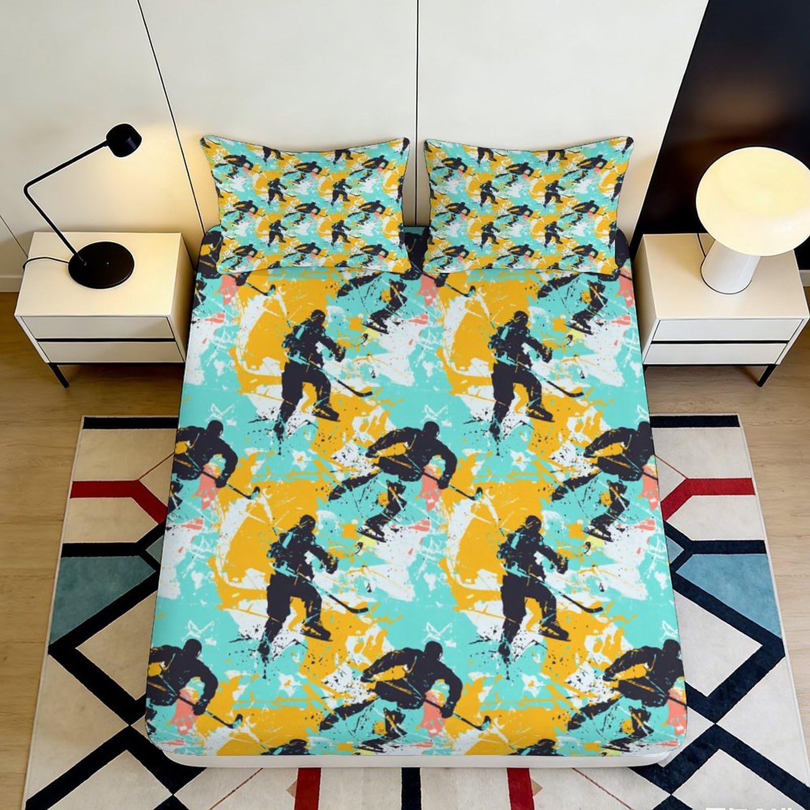 3D Printed Ice Hockey Theme Fitted Sheet Microfiber Deep Pocket Bedroom Bedding Ice Hockey Mattress Fitted Cover 90x200x25cm
