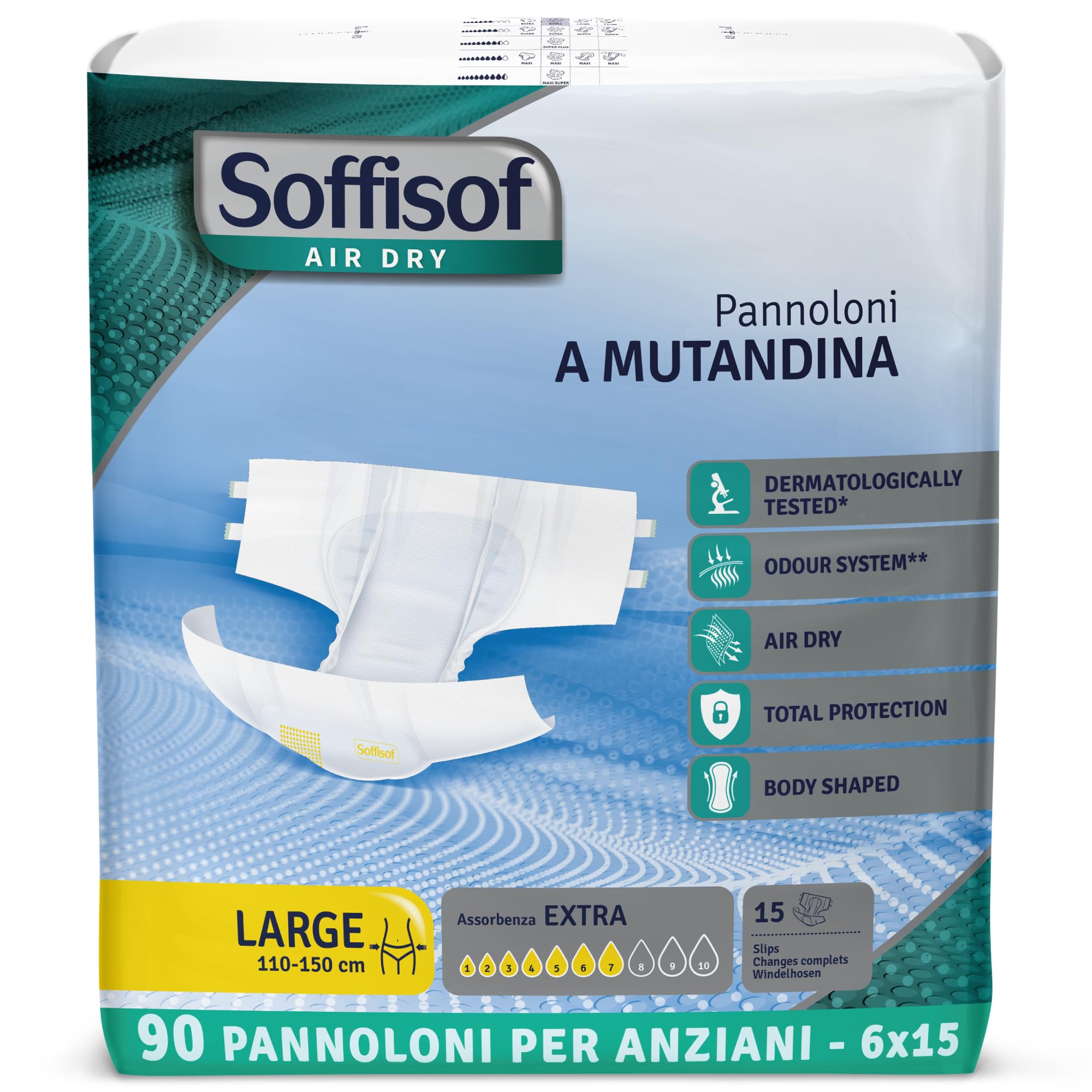 Soffisof Air Dry Pannoloni con Adesivi Extra L - 90x Pannoloni per Anziani a Mutandina - 6 Confezioni da 15 Pezzi, Assorbenza fino a 7 Gocce - Ausili Incontinenza Uomo e Donna