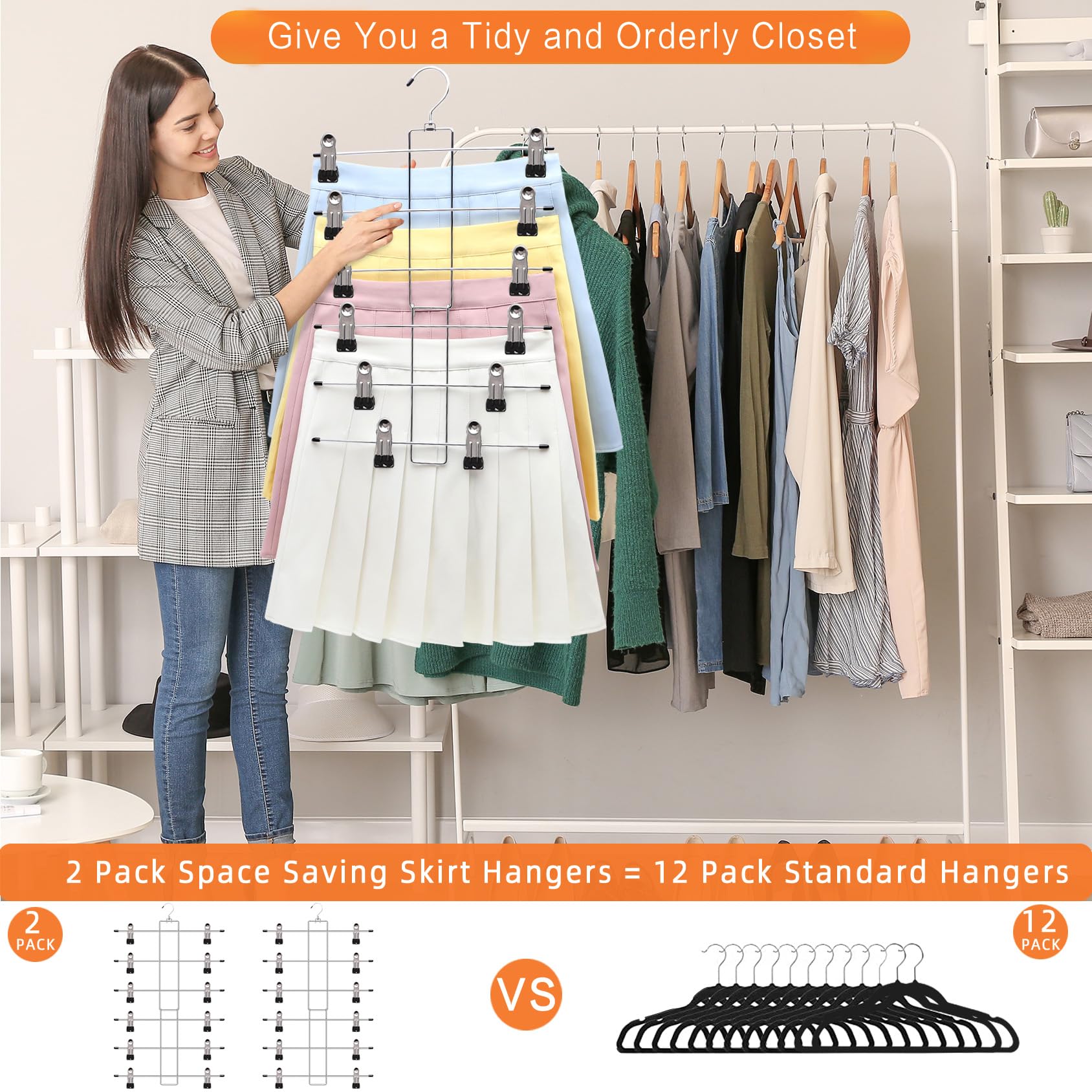 Organizadores y almacenamiento de armario, 6 niveles de almacenamiento y organización de pantalones, perchas de metal para faldas con clip ajustable, gancho giratorio de 360°, esenciales para el