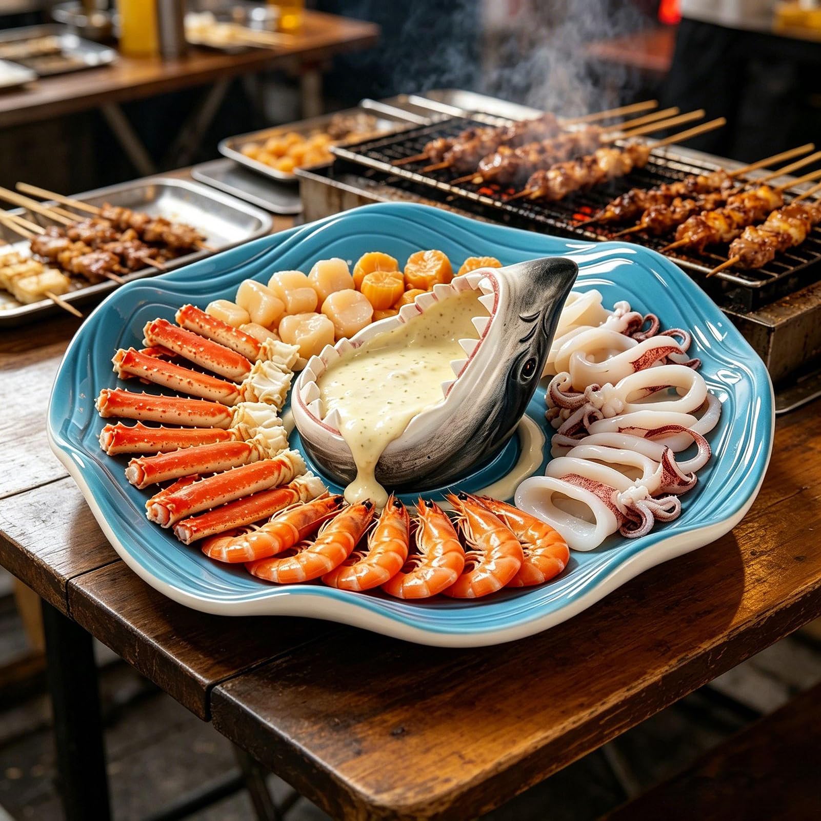 Fuente de Tiburón para Servir Compartimento de Cerámica para Salsa | Plato temático océanos Para Charcutería, Queso, Hamburguesa, Gambas, Sardinas, Aperitivos, Palomitas,