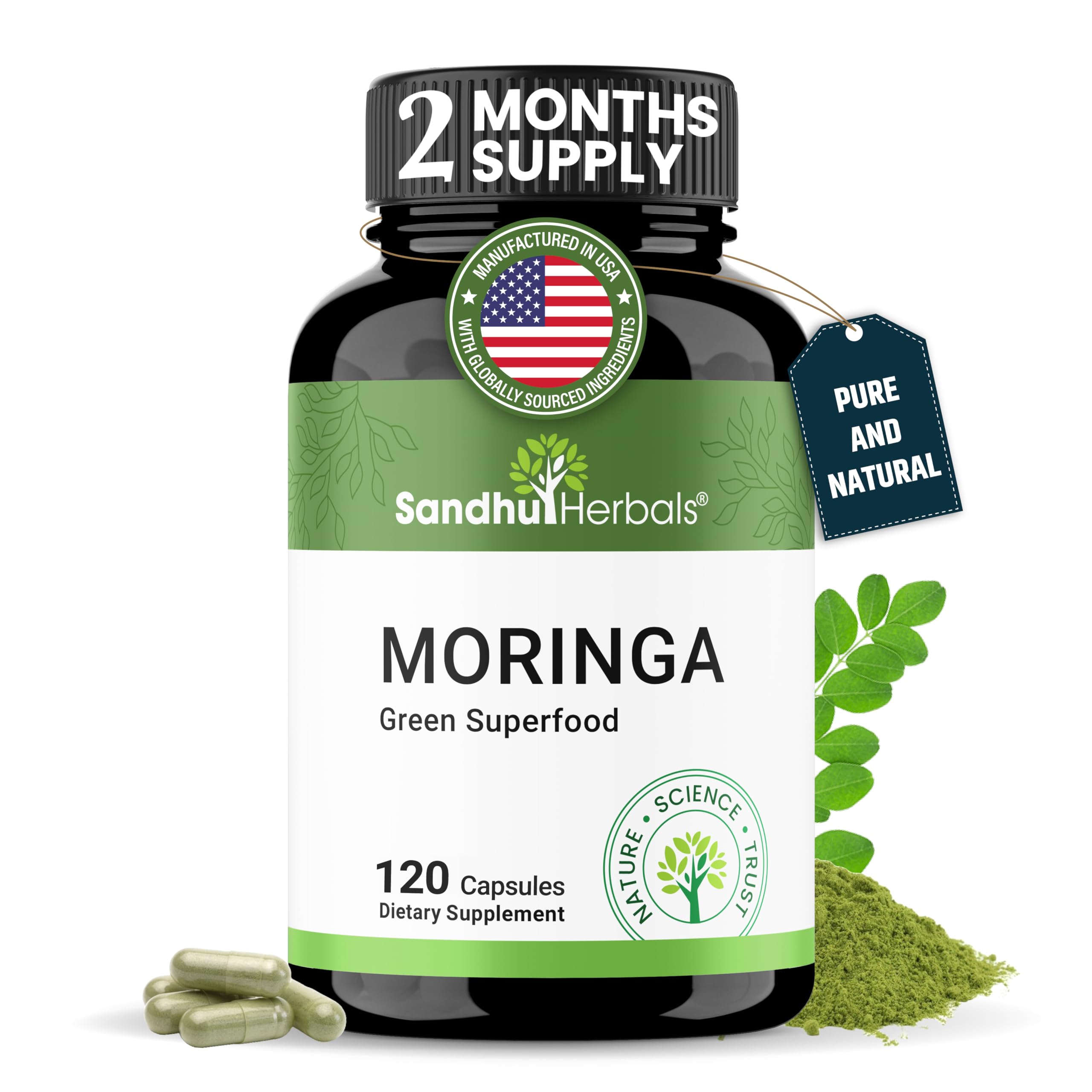 Pure Moringa Capsules for Women & Men | 120 Count Green Antioxidant Natural Superfood | Maringa Oleifera Supplement | Supports Immune, Skin & Gut Health