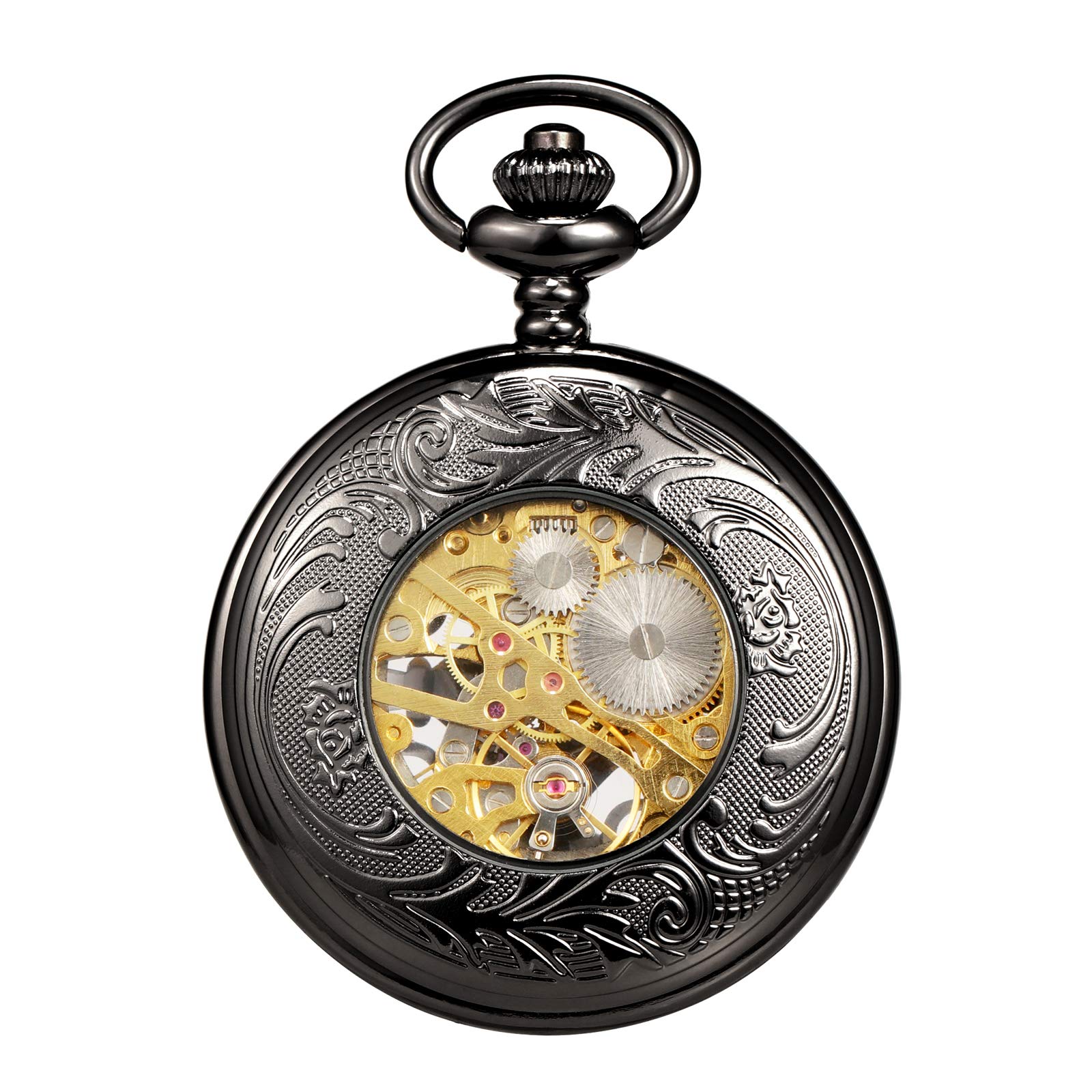TREEWETO Orologio da tasca meccanico da uomo in bronzo antico/nero Steampunk con cassa in rame scheletrato per uomo, Nero