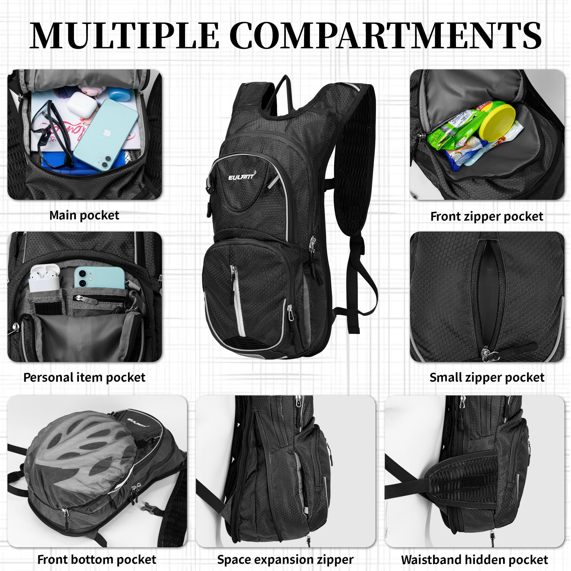 EULANT Petit Sac a Dos de VTT,Impermeable Sac à Dos Ski,12L Reflechissante Sacs à Dos D'hydratation Isotherme pour Course Vélo Randonnée Natation Camping Alpinisme,Noir