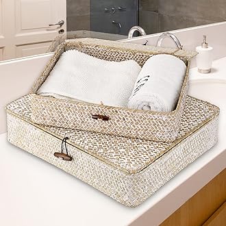 Hipiwe Set of 2 Flat Woven Wicker Storage Bins with Lid Natural Seagrass Basket Boxes Multipurpose Home Organizer Bins Boxes for Shelf Organizer (White)